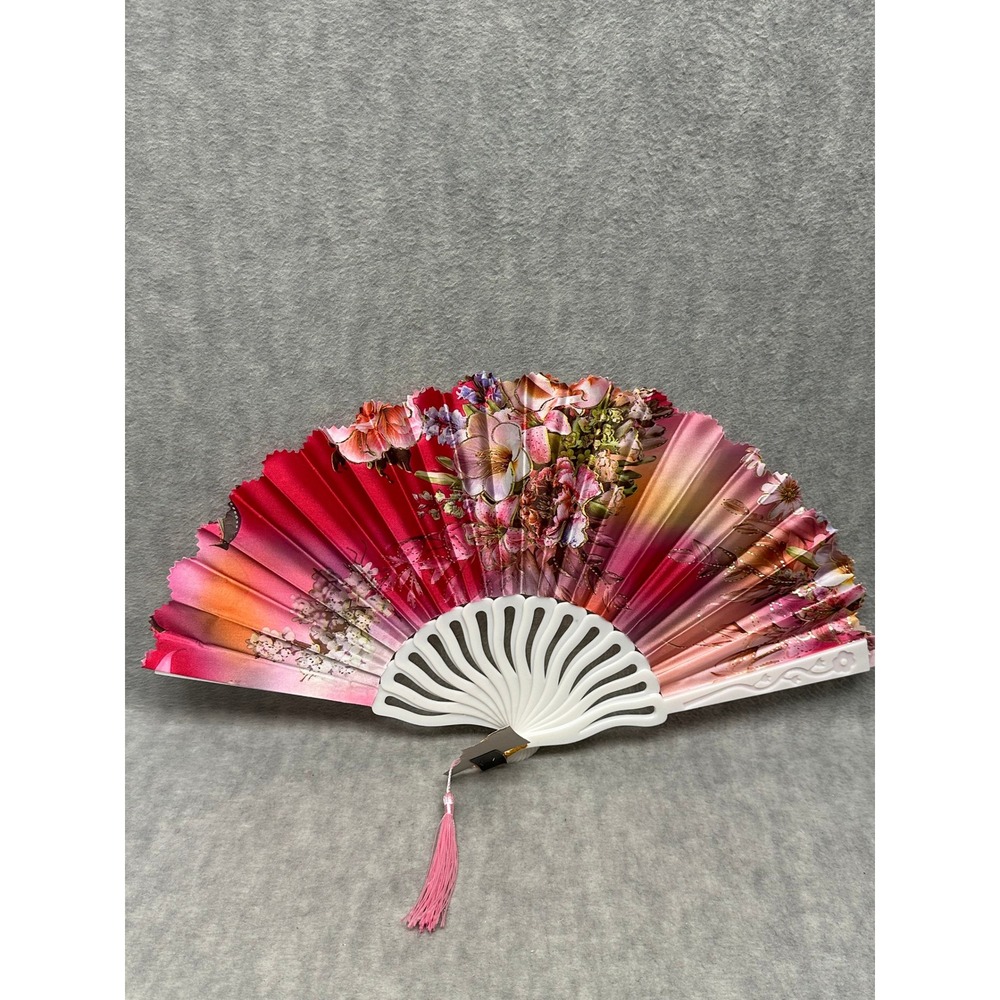 Unbranded Foldable Hand Fan Pink‎ Floral Gold Glitter Tassel White Frame New